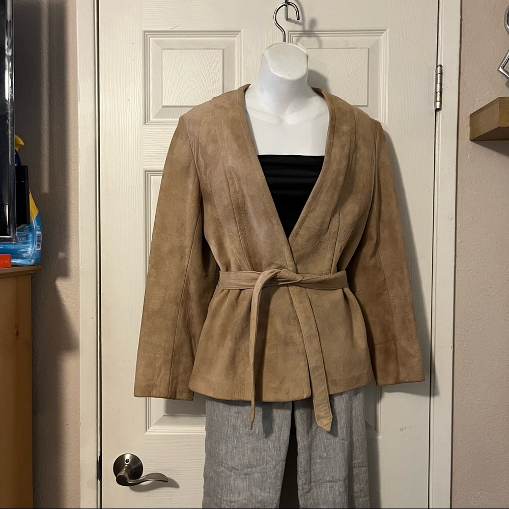 Leather Craft Process Of America Tan Suede One Button Belted Blazer Jacket